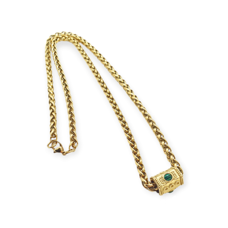 necklace withs steel gold chain and gold element with green bead2